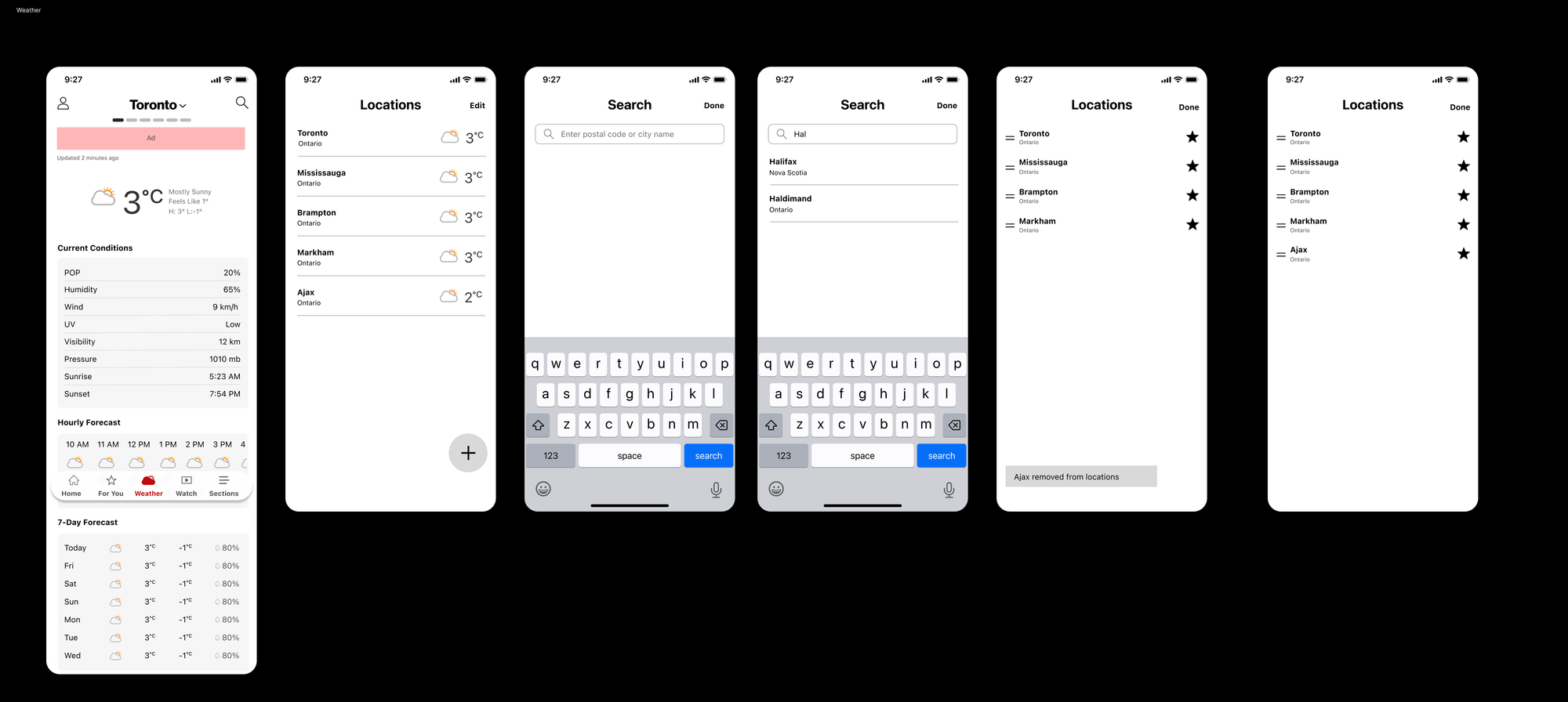 Wireframes for the weather view, saved locations, search, and reordering