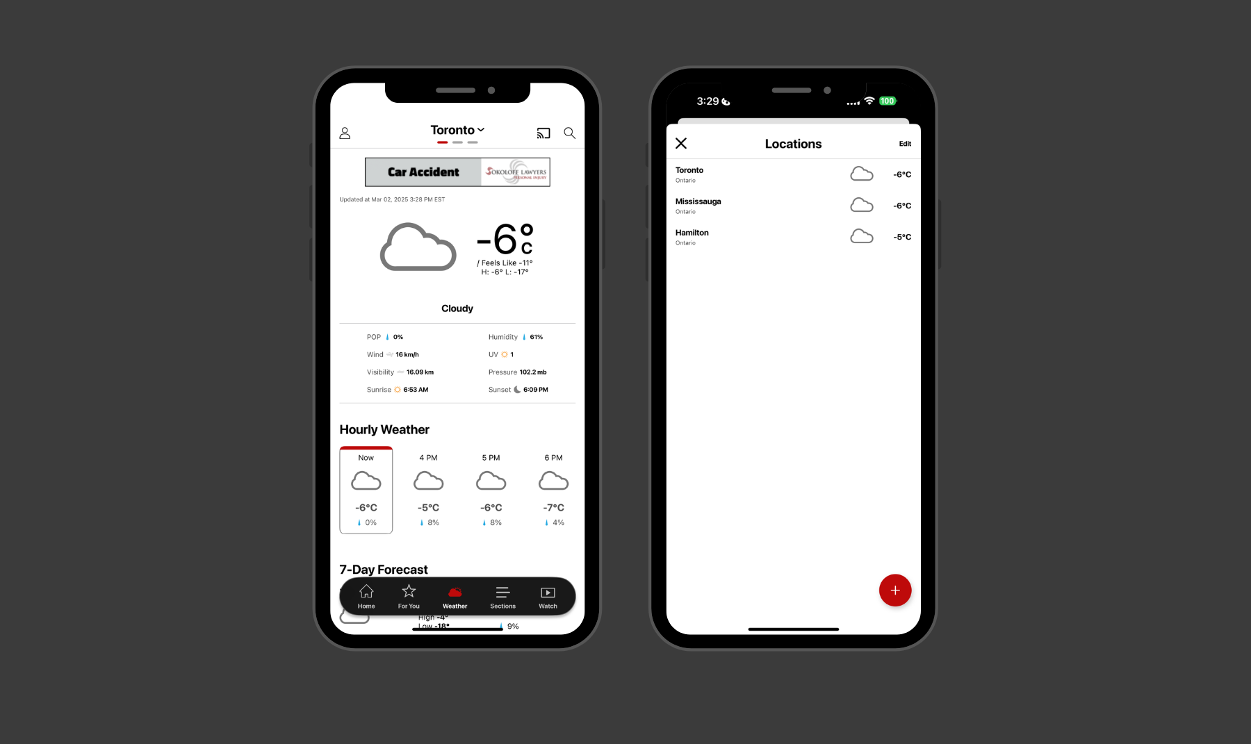 CP24 Weather Tab redesign showing the weather view and saved locations