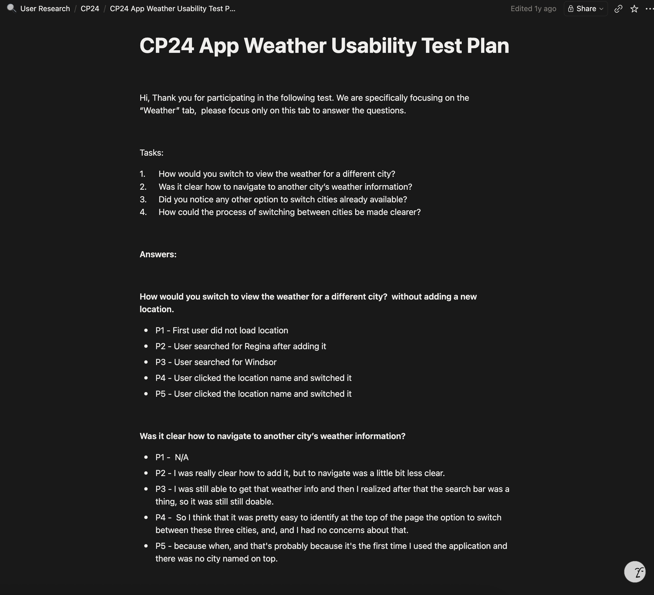 CP24 App Weather Usability Test Plan showing tasks and raw participant answers