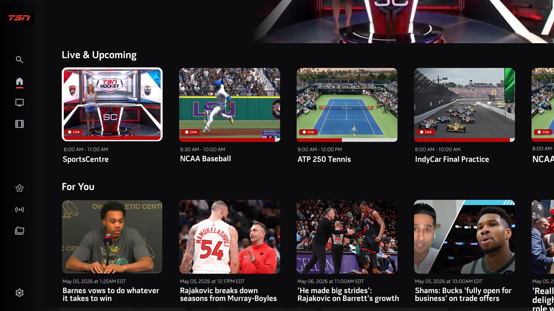 Redesigned TSN home screen with Games on Demand and For You rows