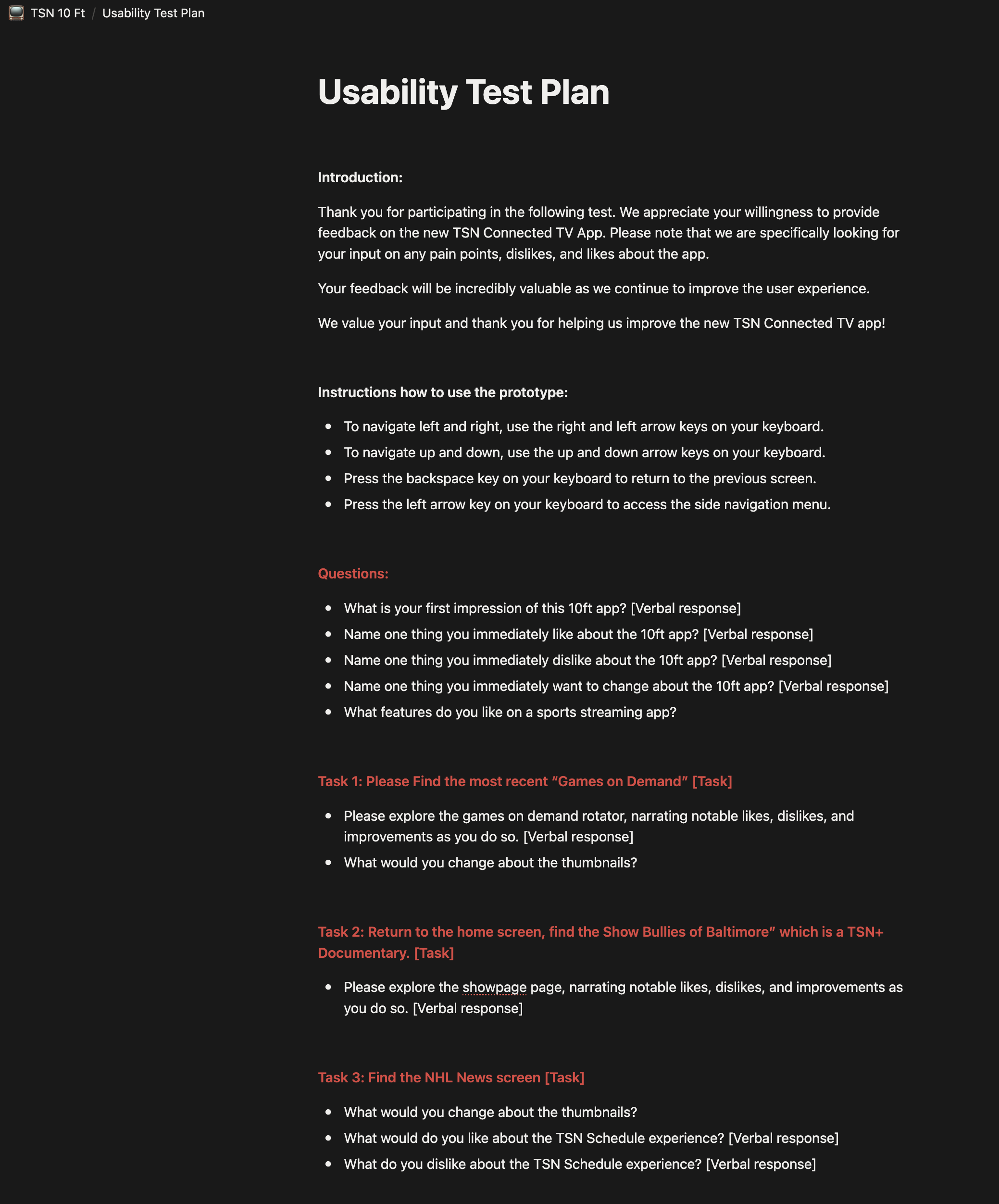 TSN Connected TV usability test plan